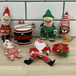 Vtg CHRISTMAS ORNAMENT LOT OF 7 Felt Paper Velvet Owl Santa Dog Mouse Decor Rare